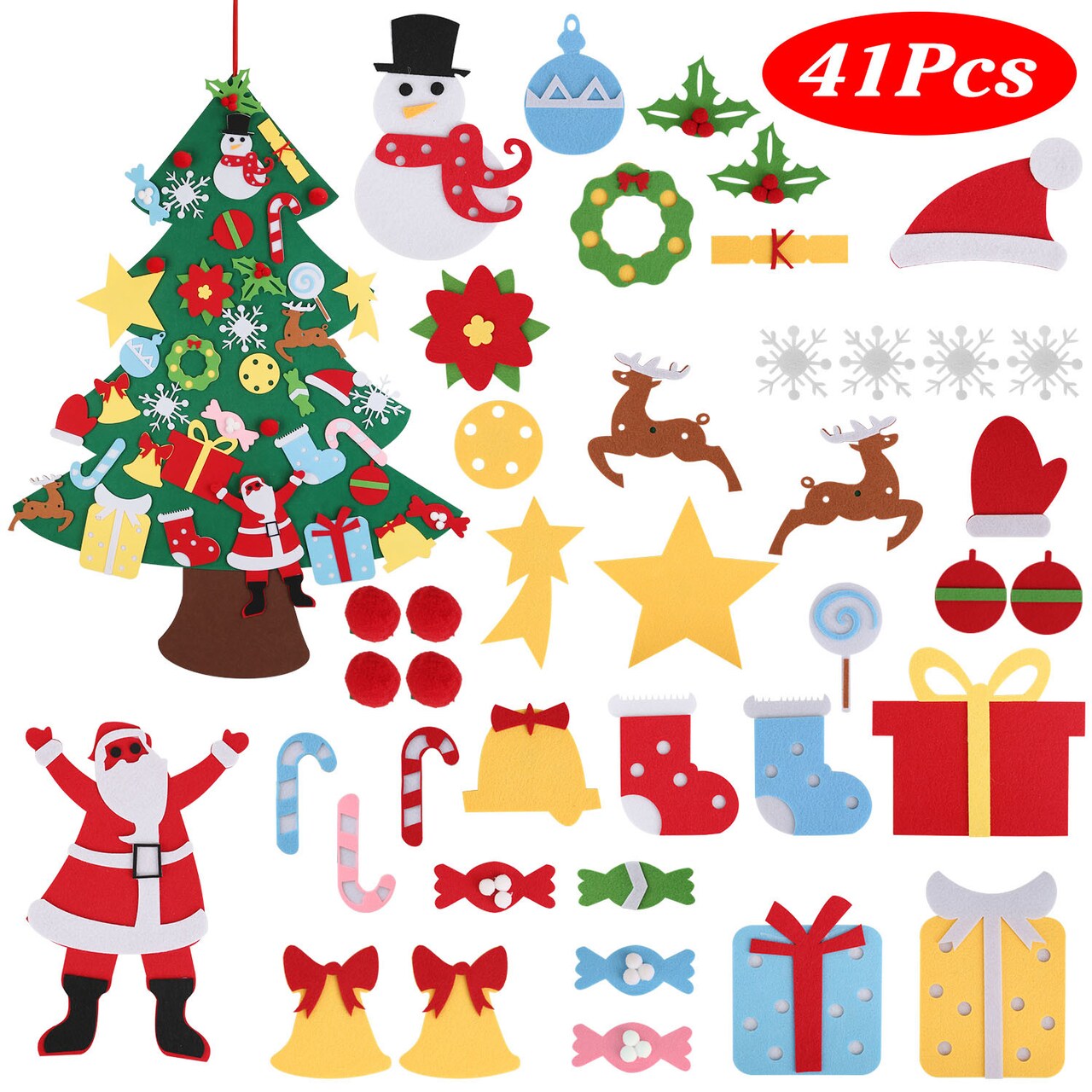 Christmas Decoration Xmas Gift - DIY Felt Christmas Tree 41Pcs Wall Hanging Detachable Ornaments for Kids Toddler